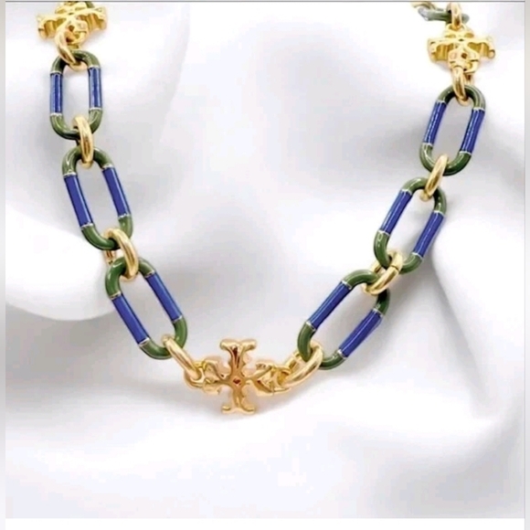 Tory Burch Roxanne Chain Necklace in Rolled Tory Gold /Green Multi NWT+ dustbag - Picture 1 of 8